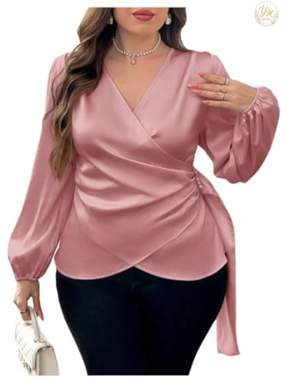 Plus Size Satin Asymmetrical Wrap Blouse Beaded V-Neck Long Sleeve